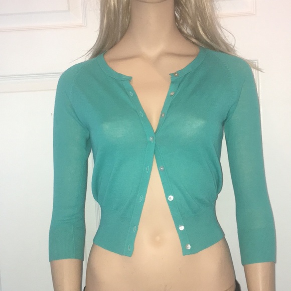 COPY - Pretty Turquoise Blue Cropped Button Sweater - Picture 2 of 5